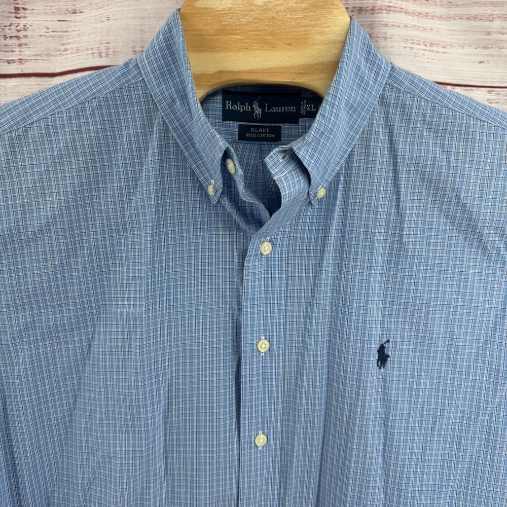 Ralph Lauren Blake Shirt Mens XL Blue White Micro Check Short Sleeve Button Down